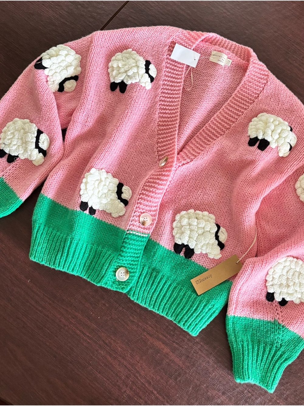 Vibrant Pink & Green Sheep Oversized Cardigan | Chunky Knit